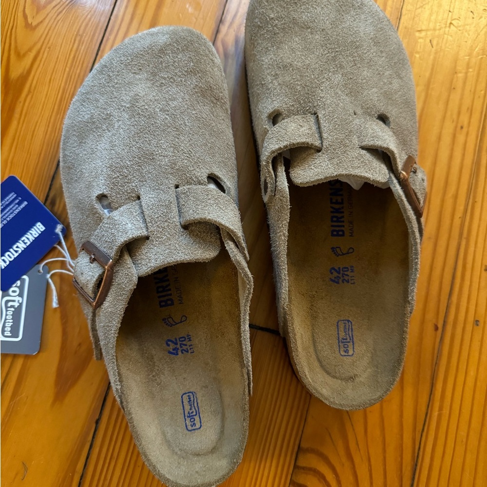 NIB Birkenstock Boston Taupe Suede Soft Footbed Clog Regular Fit Size 42